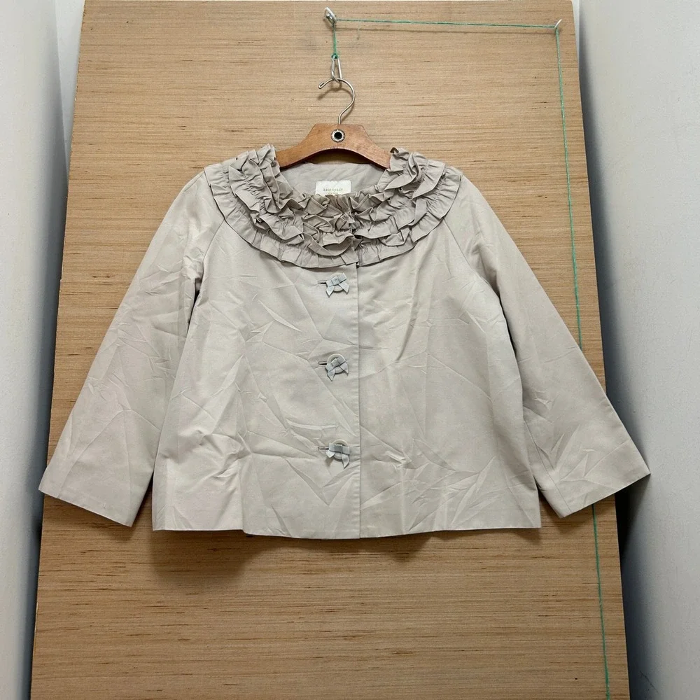 Kate Spade New York Tan Ruffle Collar Bow Button Swing Jacket Size M 6836